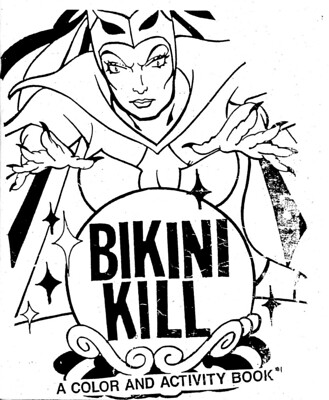 Black and white cover of "Bikini Kill," a color and activity book.