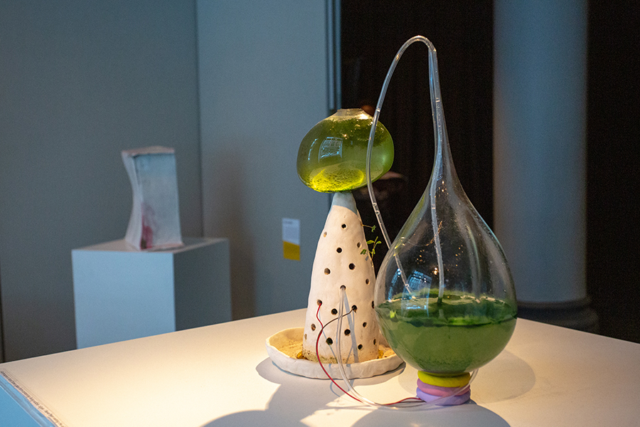 Photograph of the sculpture "Polyzome": Two glass beakers of water connected by tubing, one is larger and tear-shaped, only about a quarter full, rests on three ceramic rings, painted yellow, pink, and lavender, the other is smaller, a lopsided sphere, semi-full, and sits on a larger ceramic cone ventilated with many holes; through one small hole sprouts a plant. the tube from the first beaker feeds into one hole, and wires emerging from the ceramic rings feed into two others.