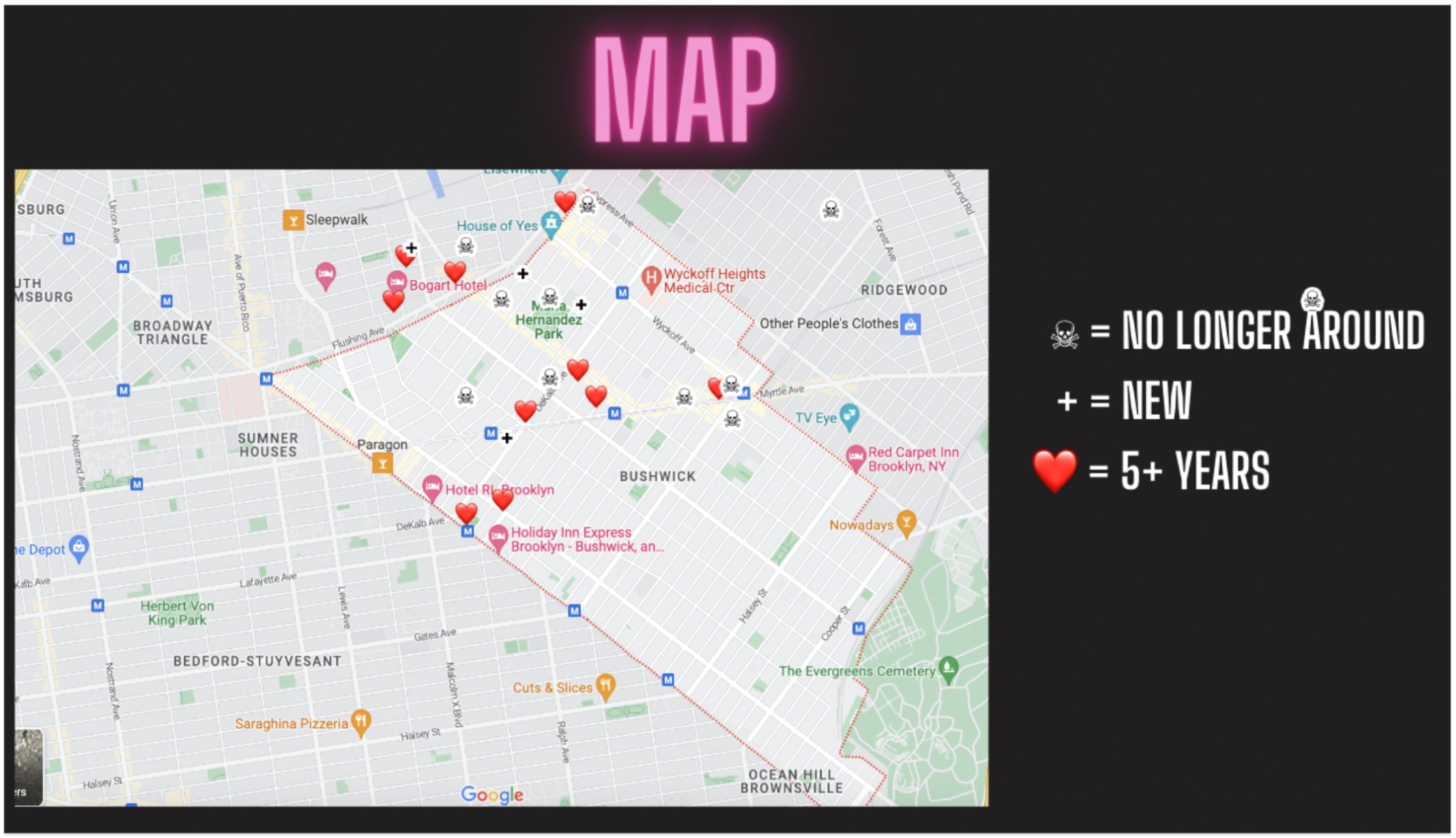 Map created by Olivia Bobadilla showing locations of thrift stores in Bushwick and their status as open or closed.