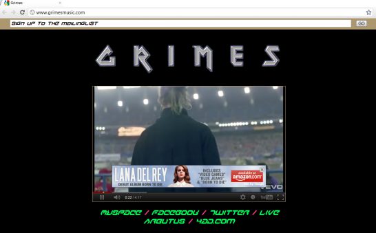 Screenshot of a Grimes music video with a Lana Del Rey advertisement. 