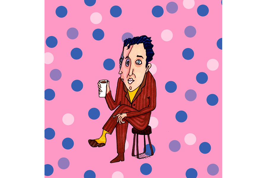 Digital drawing of a man with two faces sitting on a stool holding a cup of coffee against a pink background with blue, purple and pink polka dots. 
