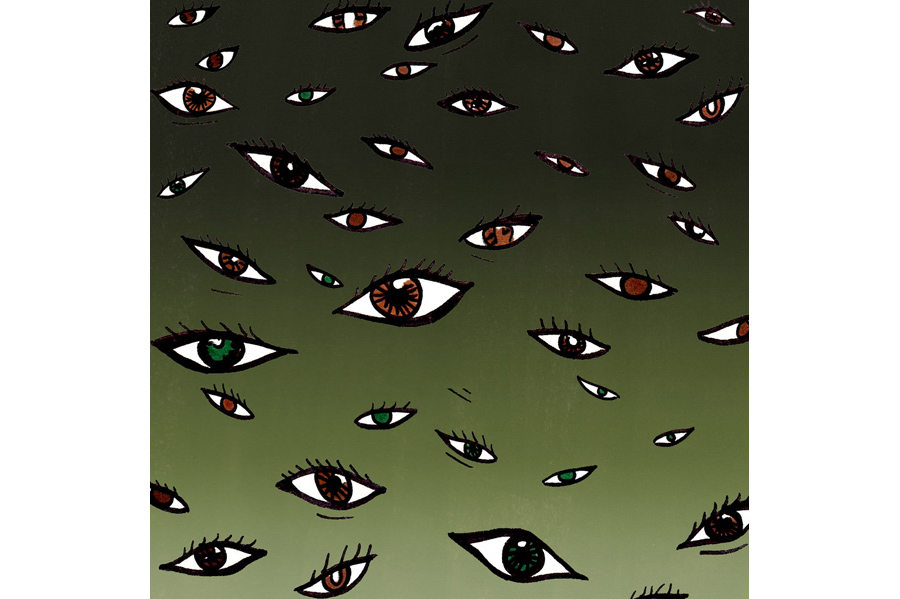 Many eyes of different colors against a dark green gradient background. 