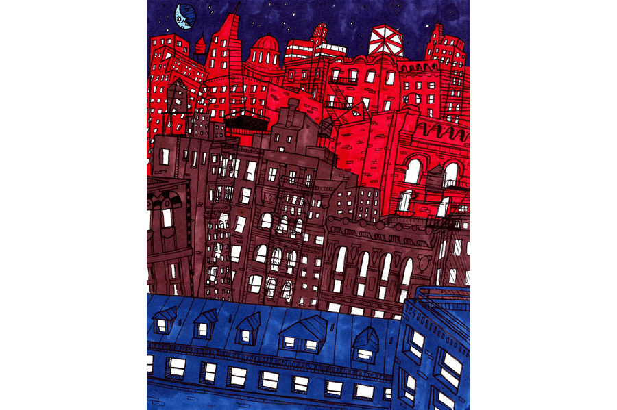 City blocks of Manhattan from above bathed in blue, purple, and red. 