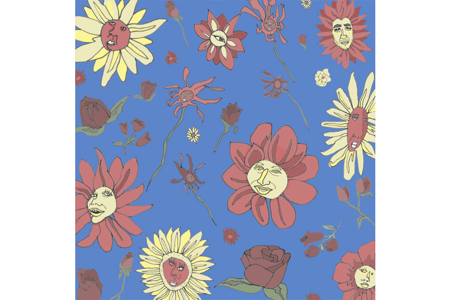Flowers with faces against a blue background. 
