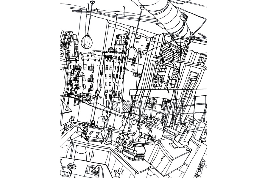  A complex, overlapping line drawing of a Manhattan street and La Colombe coffee counter.