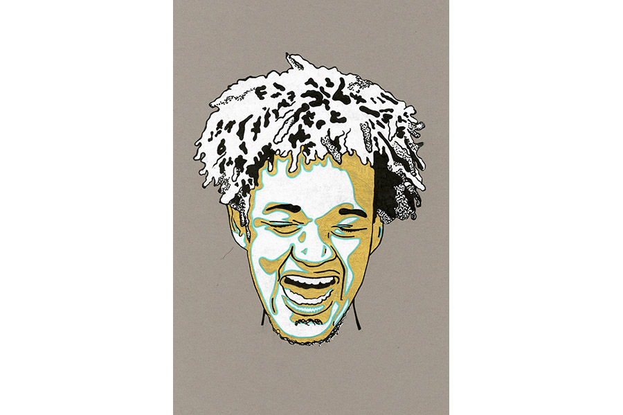 A paint-maker portrait of a man with baby locs, mouth open in a laughing smile. 