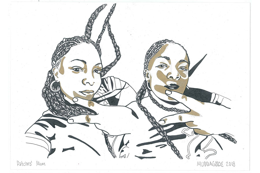 Two side-by-side digital drawings of a Black woman with long cornrows and hoop earrings, holding up a peace sign.