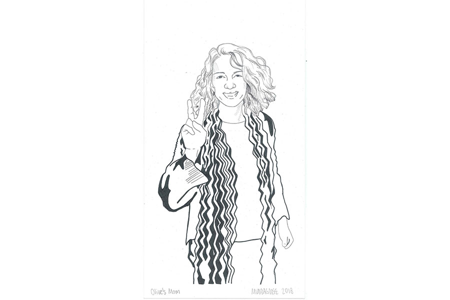 Digitial drawing of a white woman with cropped curly hair and a long scarf, holding up a peace sign. 