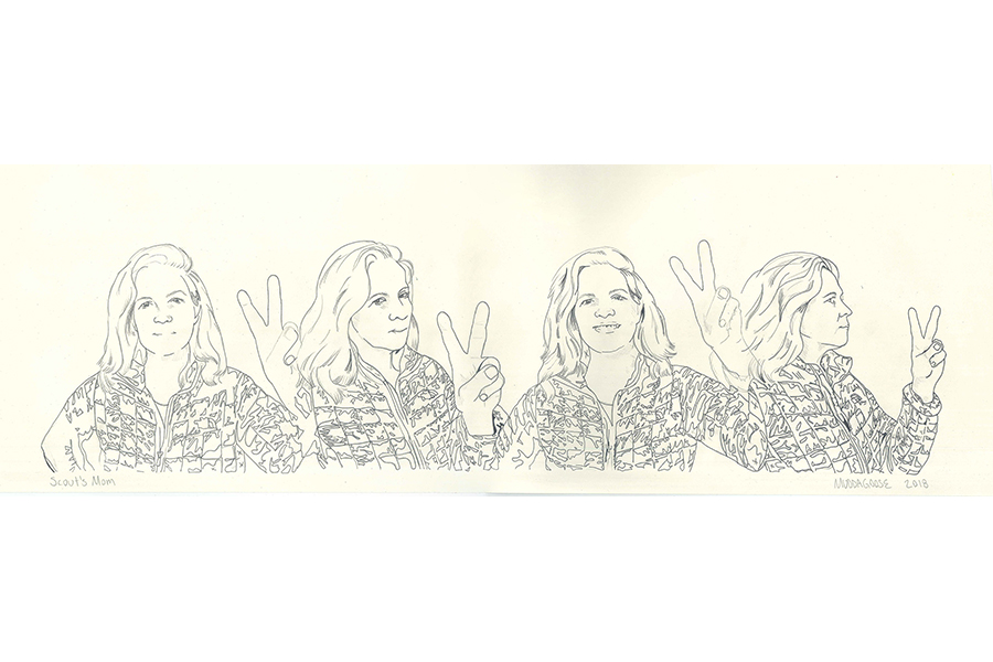 Digital drawing of a woman holding up a peace sign from four angles. 