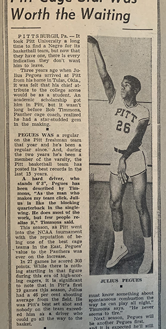 Newspaper clipping shows Julius Pegues in Pitt's basketball uniform, shooting the ball; to the left-hand side is part of an article about Pegues and the team