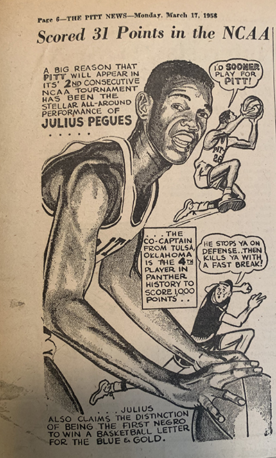 Newspaper clipping, a caricature based on the prior photograph under the title "Scored 31 Points in the NCAA." 