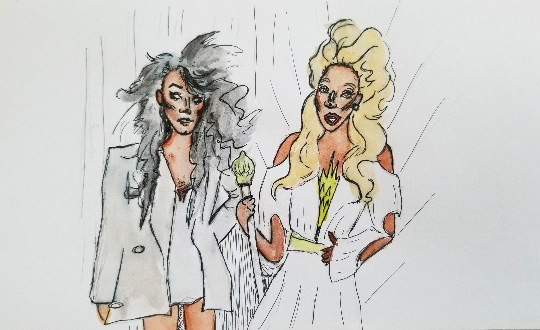 Two pencil and ink drawings of RuPaul, one showing an edgy look from the 1980s and one very formal look from more recent years