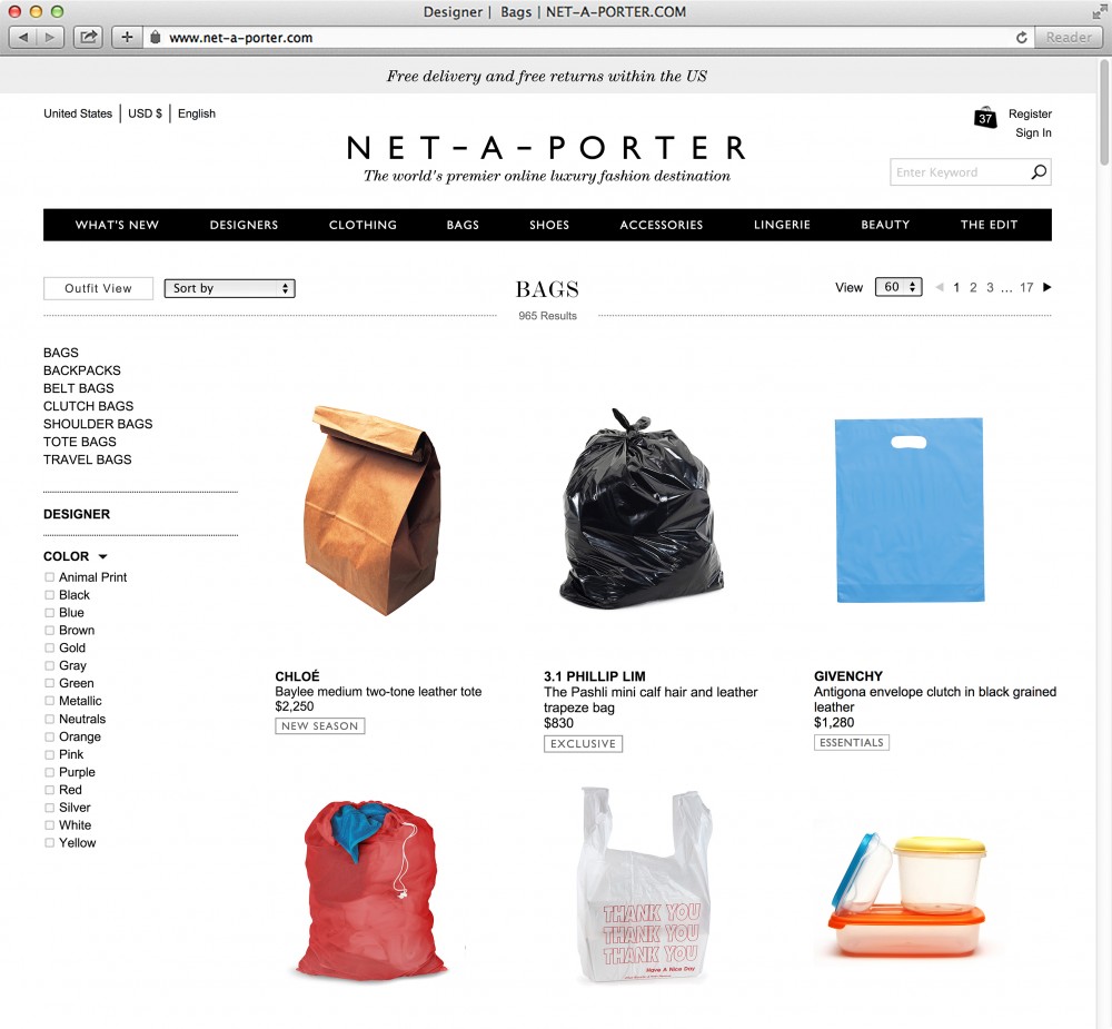 Screenshot of the bag page of website Net-A-Porter, which includes a brown paper bag, trash bag, laundry bag and standard to-go bag. 