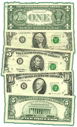 From top to bottom: The back of a one dollar bill (USD), the front of a one dollar bill, front of a five dollar bill, front of a ten dollar bill, back of a five dollar bill. 