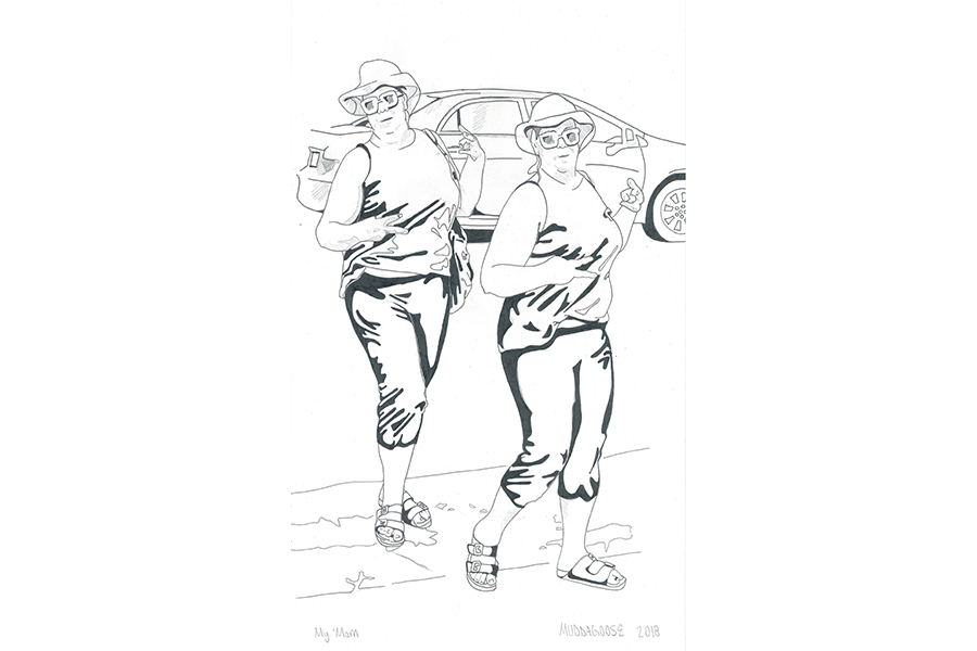 Digital drawing of a woman in a bucket hat and Birkenstocks, holding up peace signs as she walks from her car. 