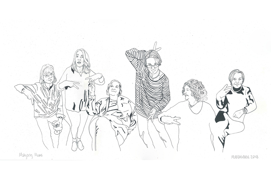 A digital drawing of a group of white women posing with peace signs. 