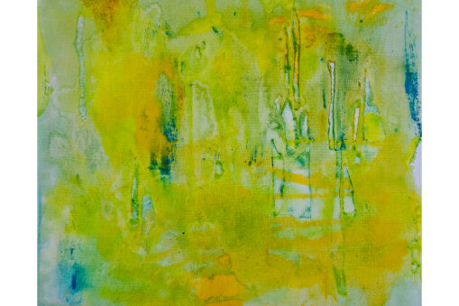 Abstract painting with green streaks in the background and yellow streaks in the foreground