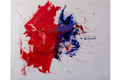 Abstract painting with a red and violet splotch at center