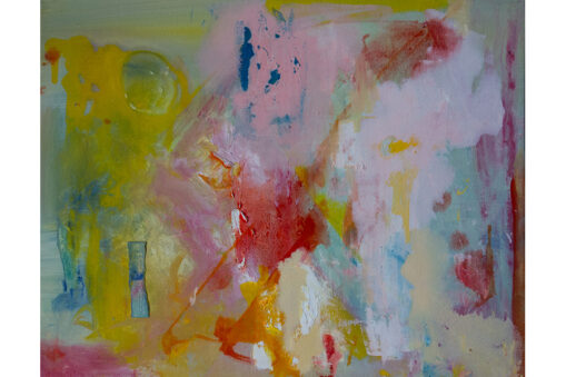 Abstract painting with yellow, pink, and blue forms