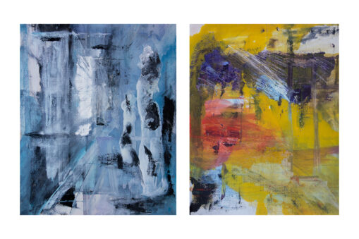 Two abstract paintings side by side, one in blues and grays and one in yellows, pinks, and purples