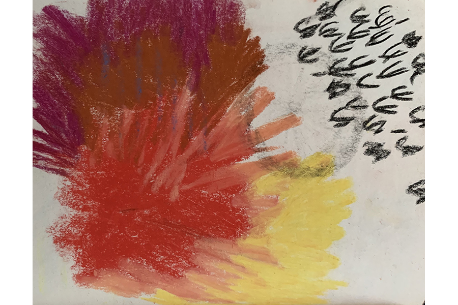Magenta, brown, red, peach, yellow color splotches layered over one another taking up most of the space. Leaves drawn in charcoal fill the upper right corner of the page.
