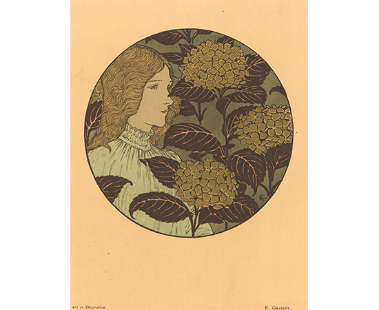A portrait of a girl enclosed in a circle of flowering plants on a tan background. 