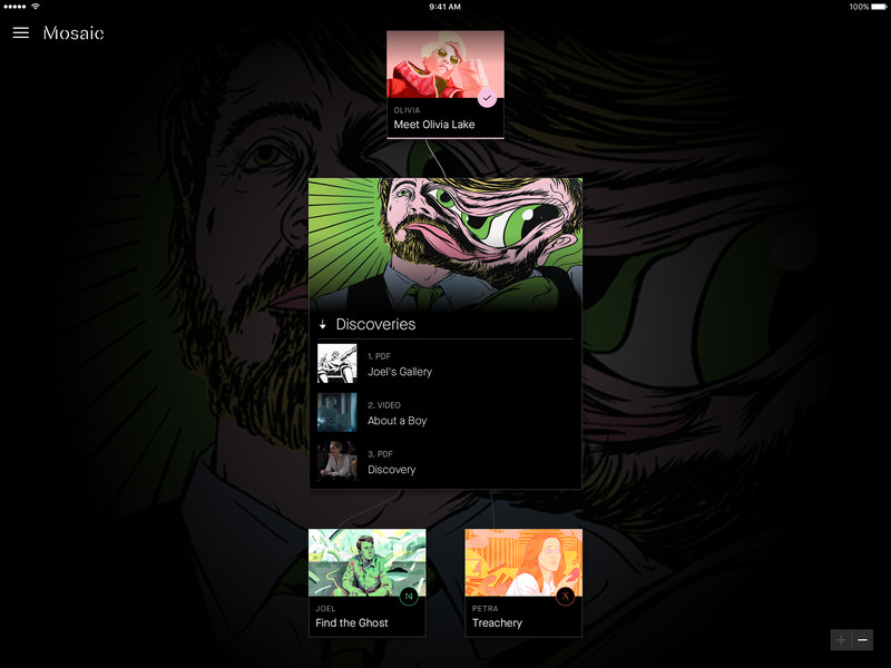 Screenshot of "Mosaic," showing episodes on a black background. 