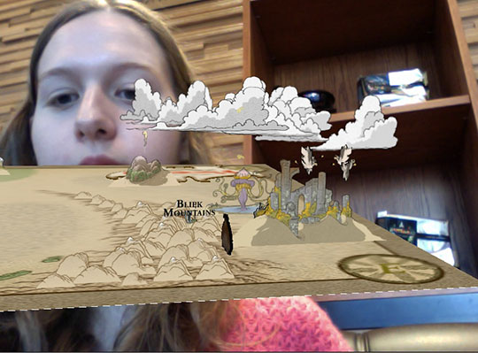 Augmented reality of a woman looking at a cartoon map. 