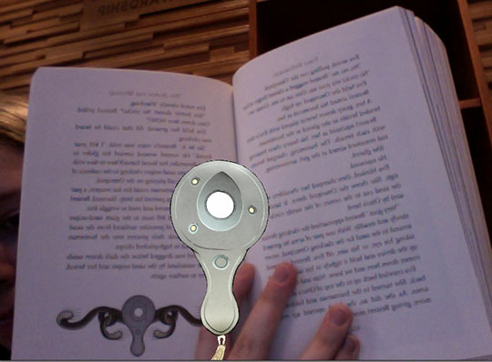 Augmented reality of a book with a cartoon design element. 