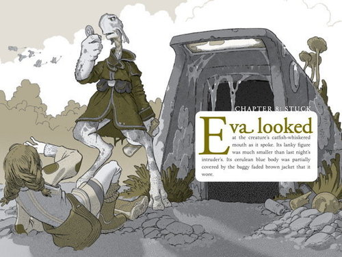Pages of Chapter 8: Stuck with a drawing of Eva on the ground looking up at a creature. 