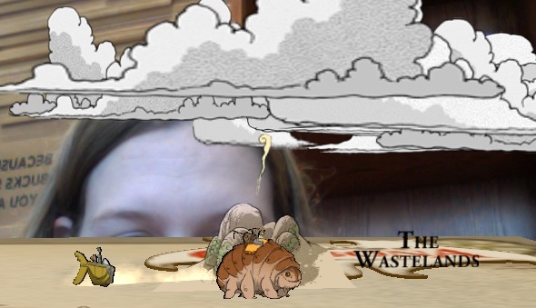 Augmented reality of cartoon clouds superimposed on an image of a forehead.