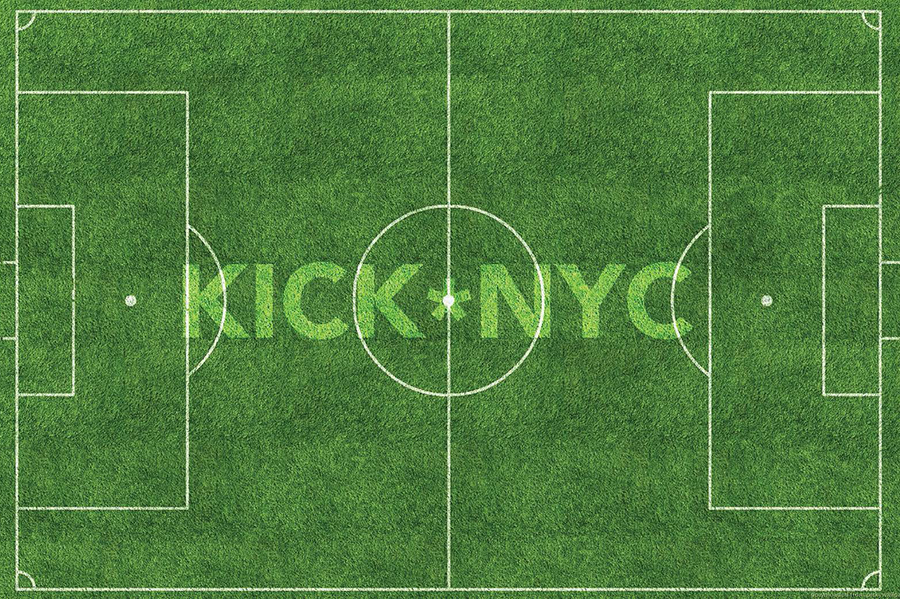 Bird's eye of a soccer field with the words "Kick NYC" superimposed in.