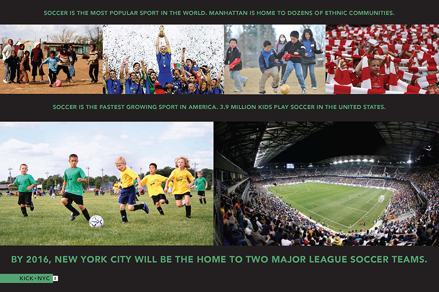 Screenshot of a slide: "soccer is the most popular sport in the world; Manhattan is home to many ethnic communities" and "by 2016, NYC will be home to two major league soccer teams" and some images of people playing soccer.