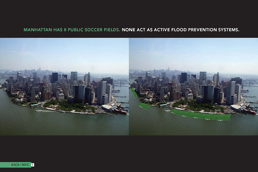A slide with two images of lower Manhattan, one original and one with soccer fields around the coast, and the words "Manhattan has 8 public soccer fields. None act as active flood prevention systems"