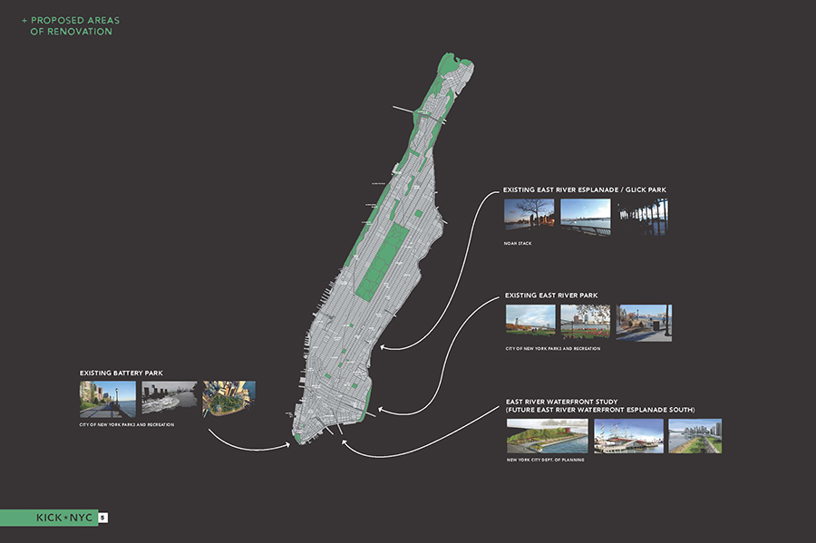 A slide showing proposed areas of renovation on a graphic of Manhattan (Battery Park, East River Esplanade, East River Park, and the East River Waterfront Study)