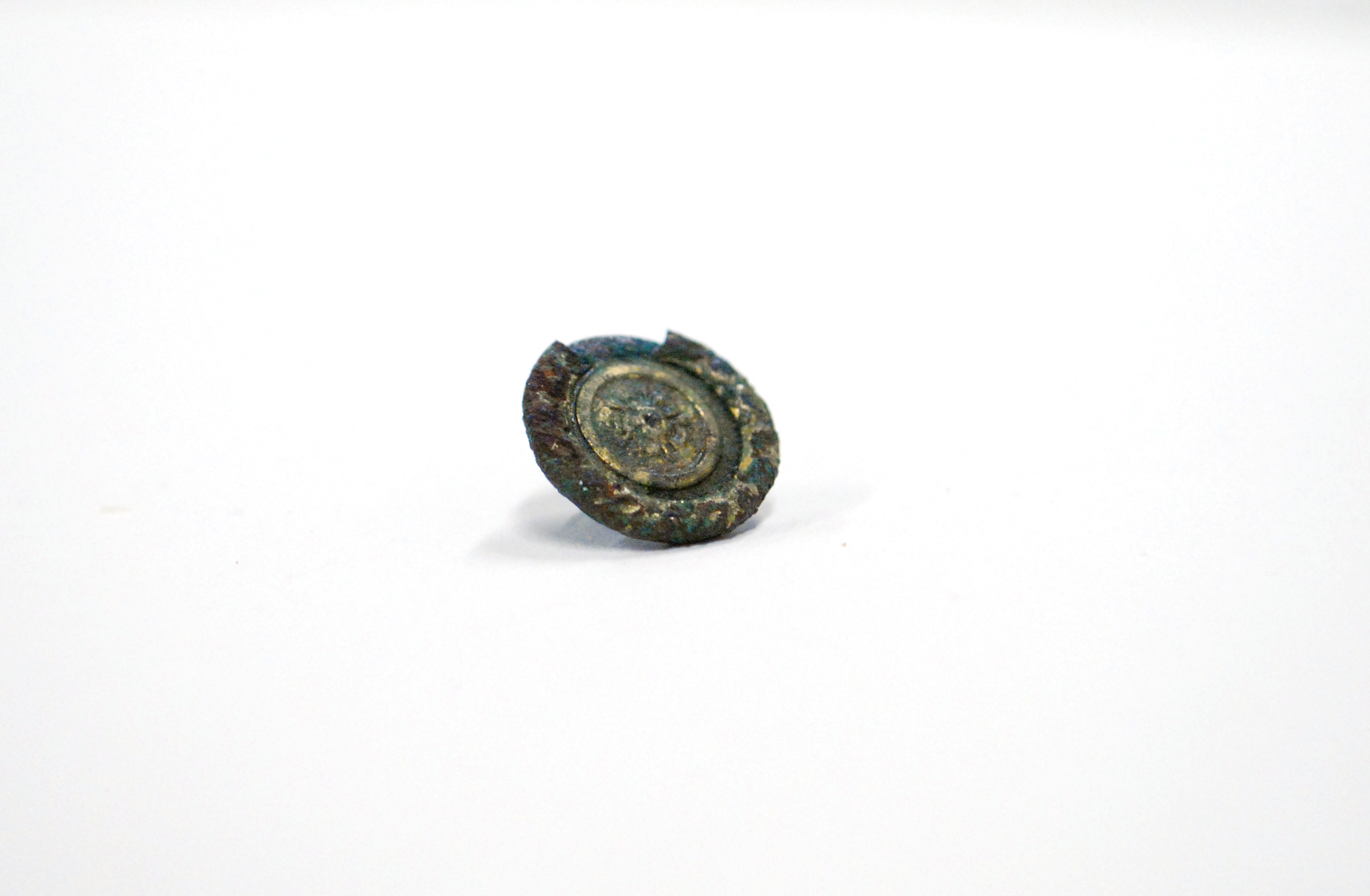 Copper alloy button with a floral design, uncovered in 2011 as a part of the Seneca
Village Project.