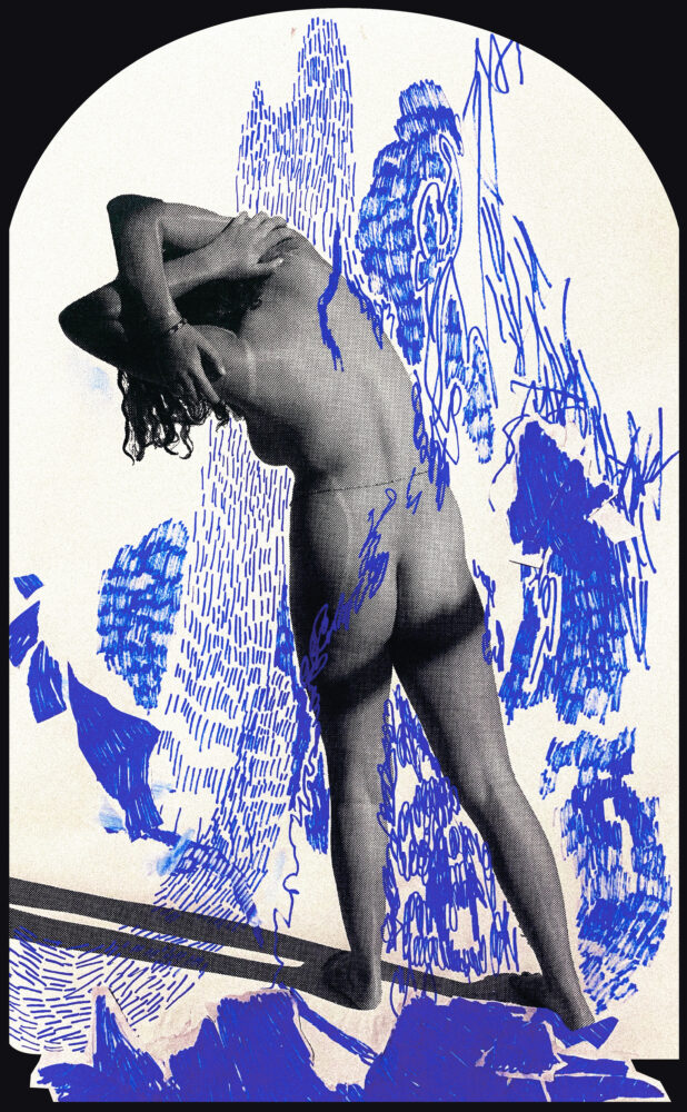 A figure arching over surrounded by dark blue gestural drawings