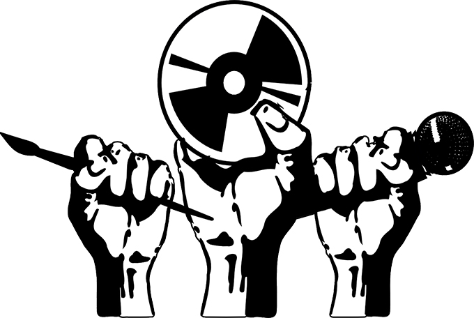 A black and white graphic of fists holding up a paintbrush, a CD, and a microphone.
