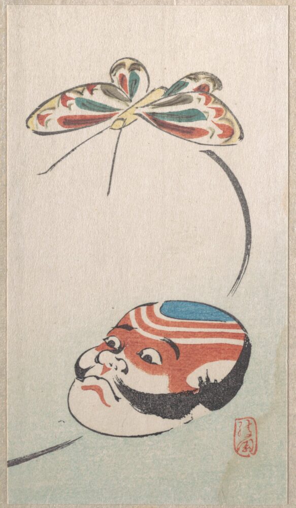 A colorful woodblock print depicting a butterfly that springs from a mask of a man's face 