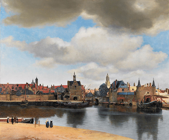 View of Delft, a small town, featuring dramatic clouds over rustic town buildings and a canal.