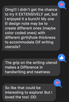 Texts from the student V with praise and suggestions for the writing tool