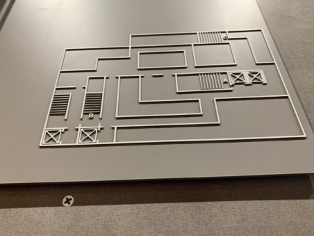 Close-up of the 7th floor tactile map that shows the stairwells and walls but no other information