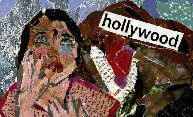 A collage, showing a woman (both young and old) touching her face; she is wilting away. She is on a blue and brown background, with the word "hollywood" in large letters cutout; other cutouts of a heart and the shape of the woman's shirt are made out of words. 
