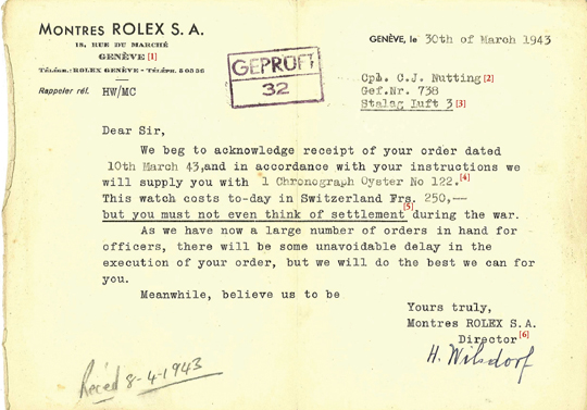 Original receipt of watch order sent to C. J. Nutting