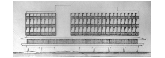 Drawing of a large, rectangular municipal building.