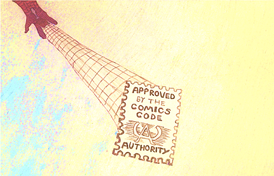 Illustration of a red-gloved hand casting a web-like net toward a comics code stamp