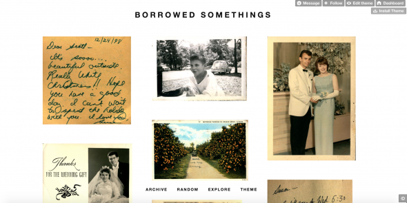 Screenshot of a page titled "Borrowed Somethings" with a variety of images, including a handwritten note on a post-it, an old wedding image and a scenic image of a pathway. 