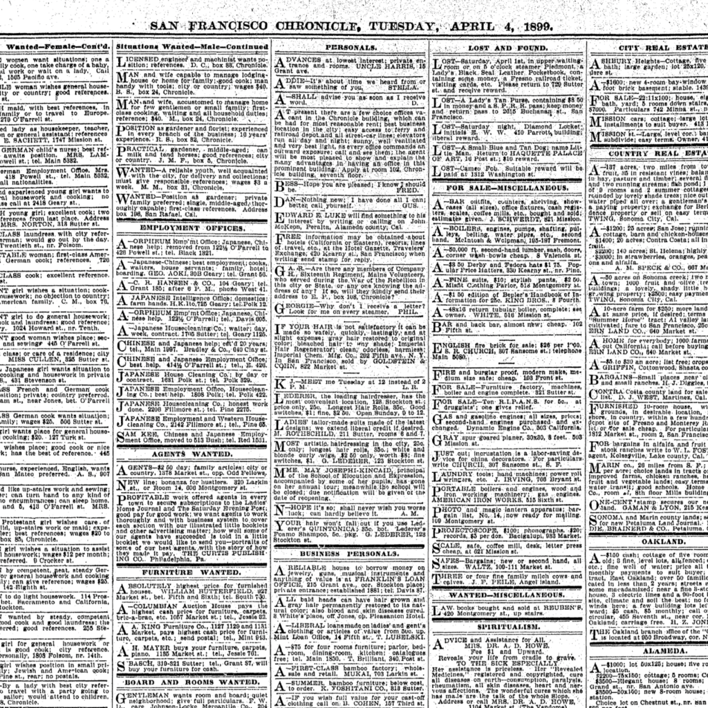 Image of San Francisco Chronicle print article from Tuesday, April 4, 1899. The newspaper excerpt image contains the classifieds section of the paper.