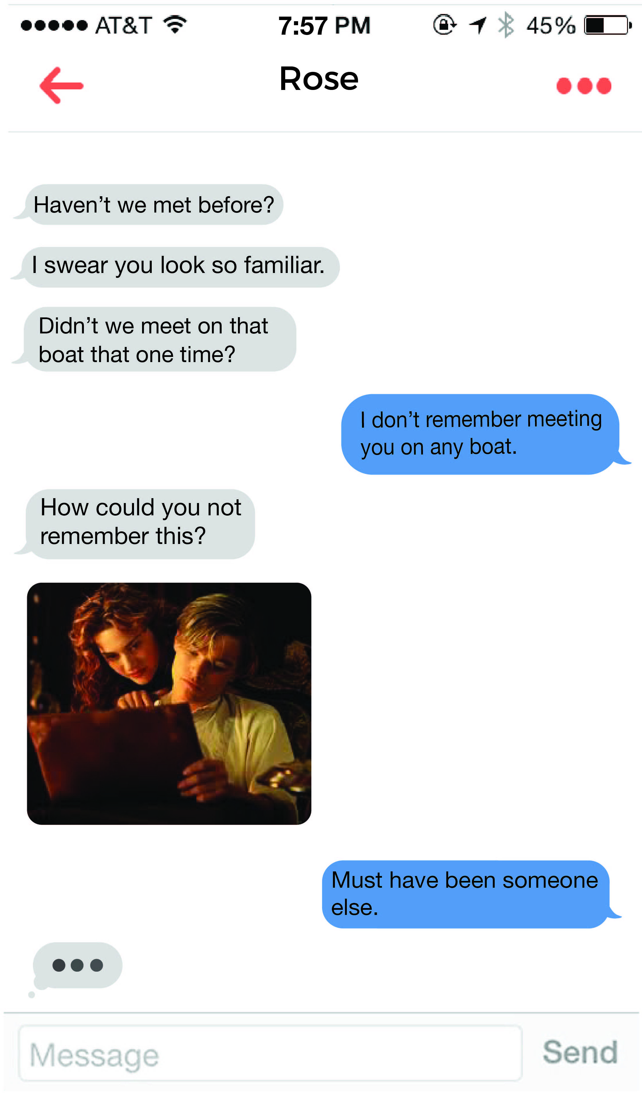 Screenshot of a chat between Jack and Rose: Rose insists that she does not remember Jack, while Jack sends her iconic stills from the film to jog her memory.