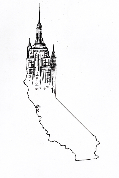 Line drawing of California which morphs into NYC skyscrapers at the top
